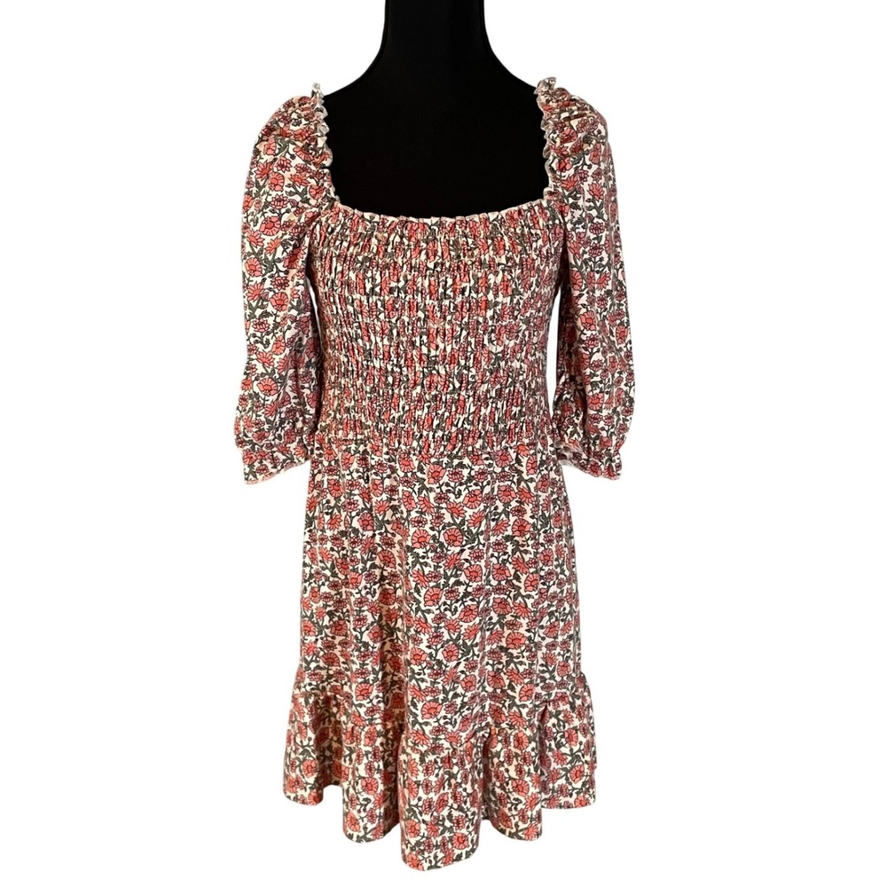 Miss Selfridge Floral Smocked Mini Dress Pink Coral Cotton Sz 8 US Cottagecore